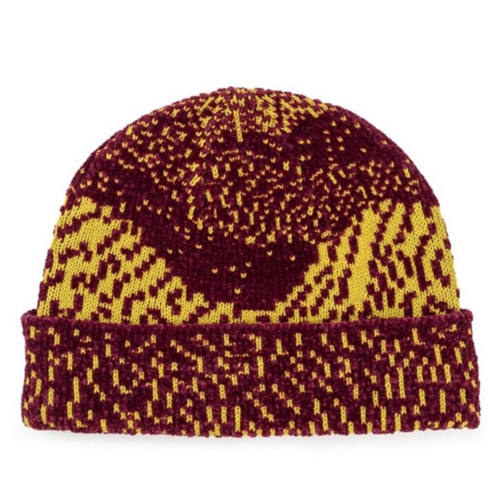 Verloop Chenille Landscape Knit Hat Cap Golden Olive & Wine Red Colors OS